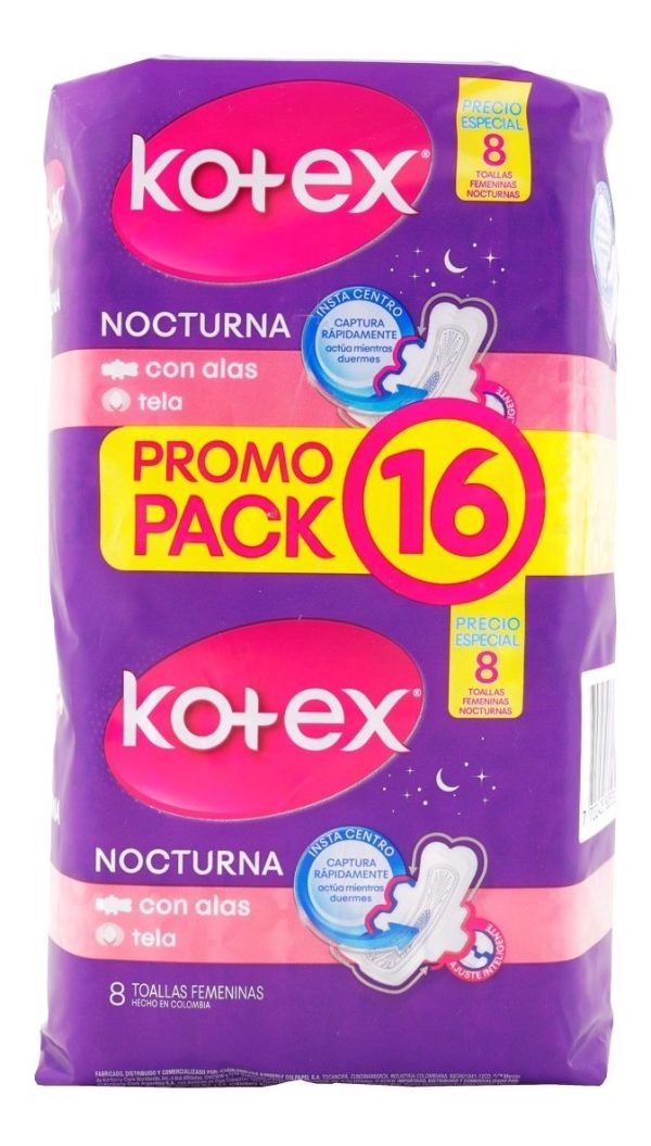 2 Paquetes Toallas Kotex Nocturna Tela 8 Uds C/u Promo