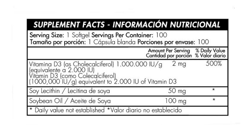 Vitamin D3 2000 Iu 100 Capsulas Blandas - Healthy America - Imagen 2