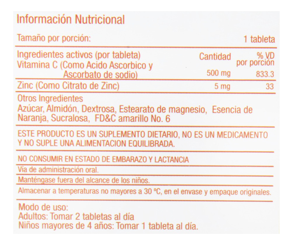 Vitamina C + Zinc Vical Naranja 500 Mg 100 Tabletas - Imagen 3