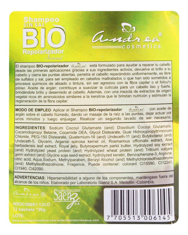 Shampoo Sin Sal Andrea Bio Repolarizador 12 Sobres - Imagen 3
