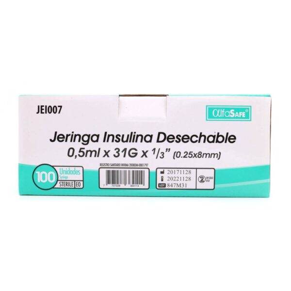 Jeringa Insulina 0.5 Ml 100 Unidades Alfasafe