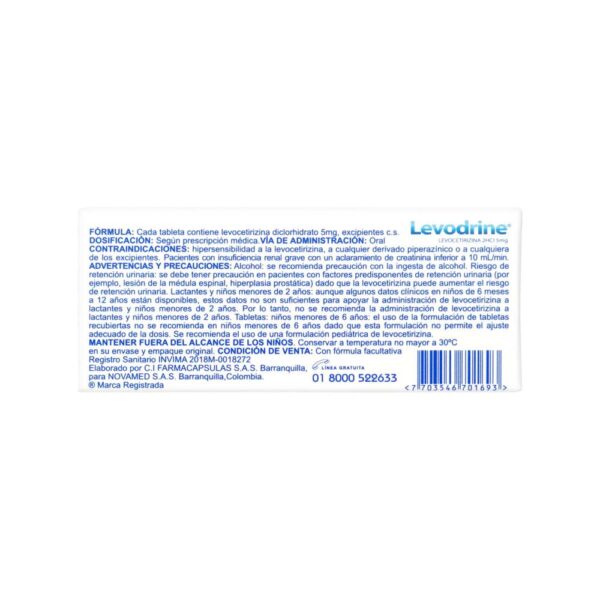 Levodrine Levocetirizina 5 Mg 10 Tabletas - Imagen 2