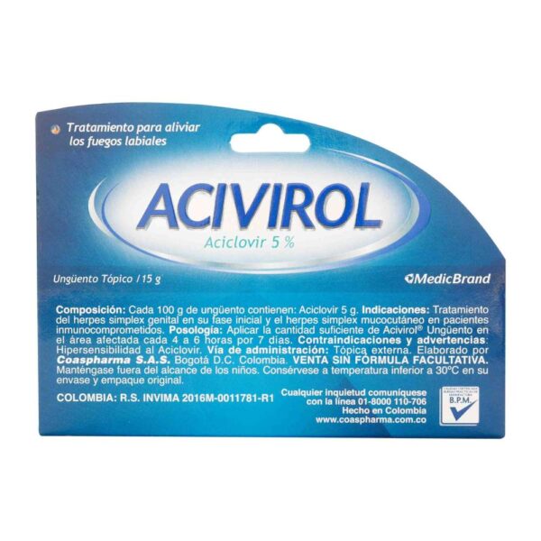 Acivirol Unguento Tópico 15 Gr - Cuidado De Herpes - Imagen 2
