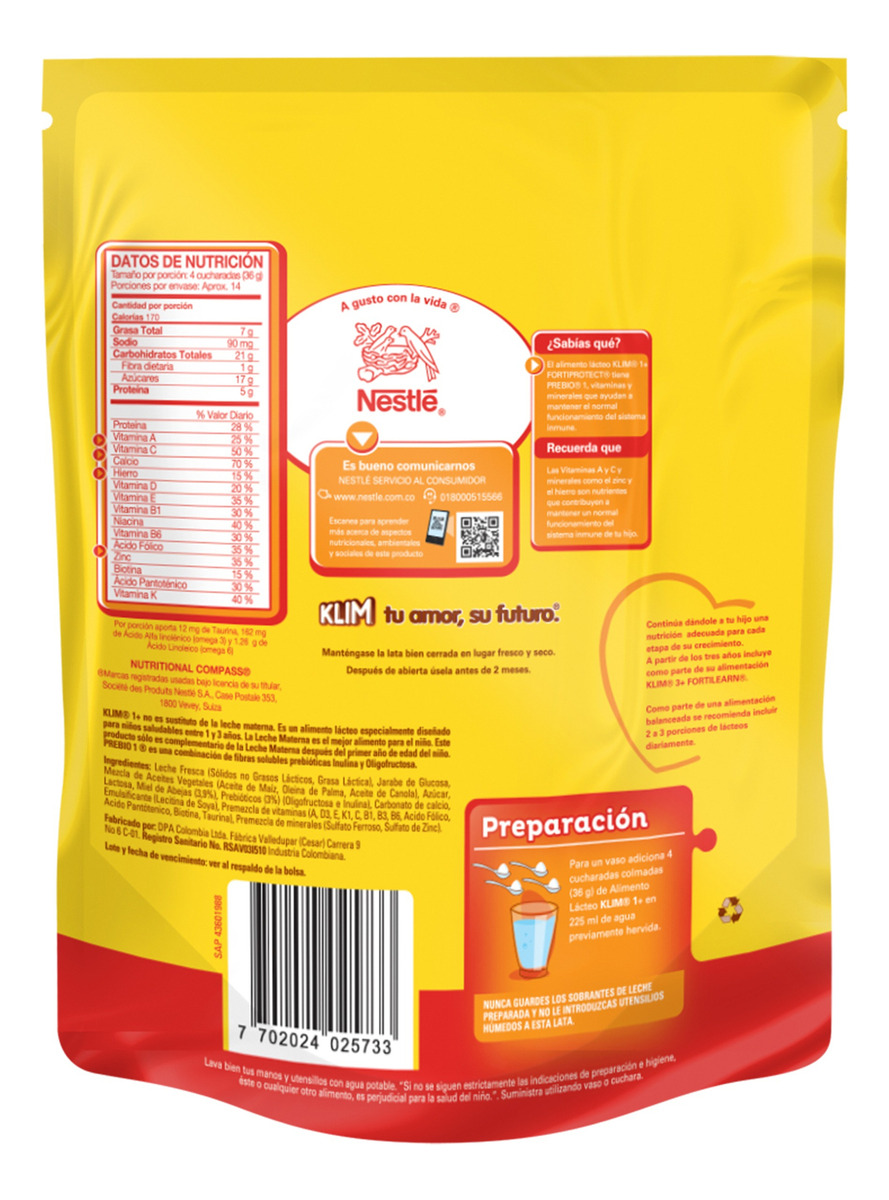 Klim 1+ Leche Infantil Continuación Bolsa 500g - Imagen 2