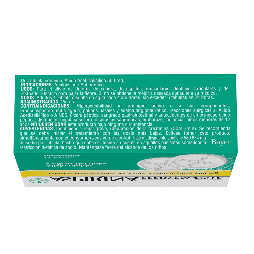 Aspirina 500 Mg 12 Tabletas Efervescentes - Imagen 3