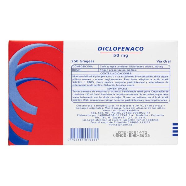 Diclofenaco 50 Mg 250 Tabletas Ecar - Imagen 3