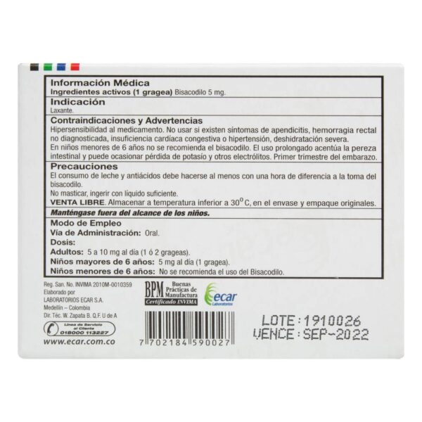 Laxativo Bisacodilo 5 Mg 100 Capsulas Estreñimiento - Imagen 2
