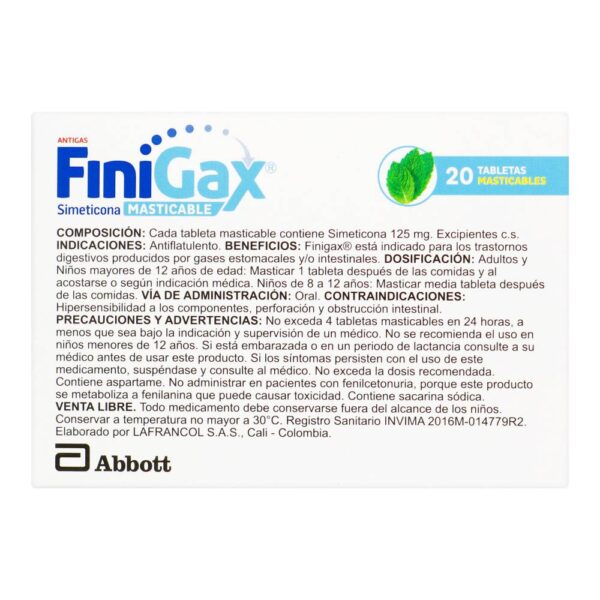 Finigax Simeticona Masticable Menta 20 Tabletas - Imagen 3