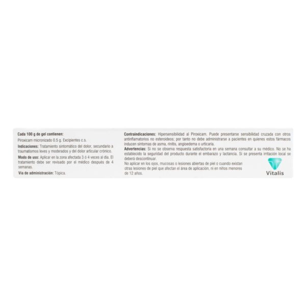 Piroxicam Gel 0.5 40 G Vitalis Alivio De Dolor - Imagen 2