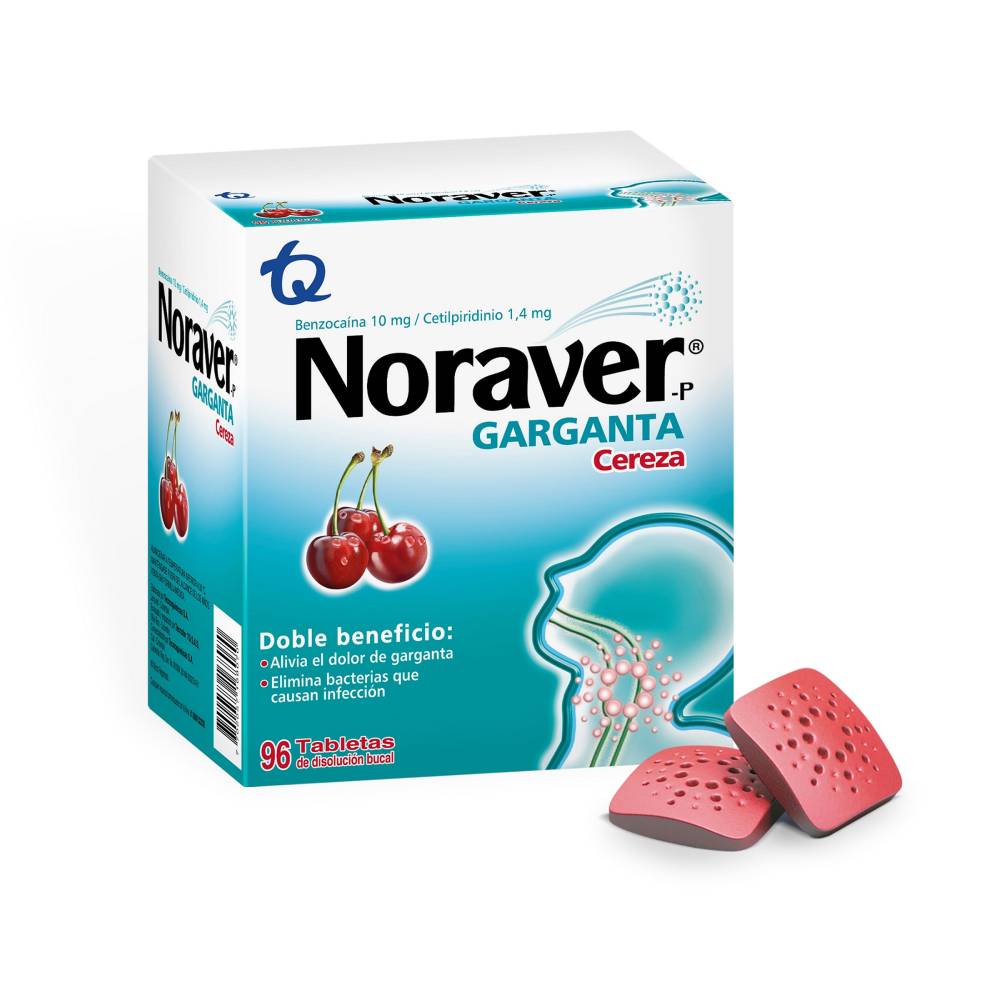Noraver Cereza 96 Tabletas Alivio Dolor De Garganta