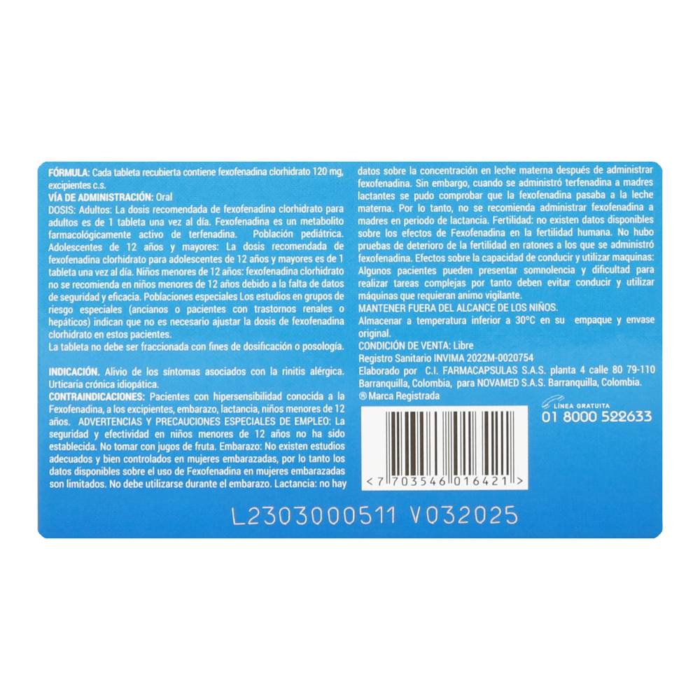 Alermed 120mg 30 Tabletas Recubiertas Fexofenadina - Imagen 3