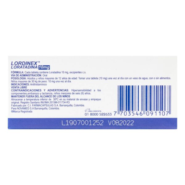 Lordinex Loratadina 10 Mg 10 Tabletas - Imagen 3
