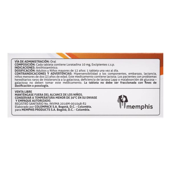 Loratadina 10 Mg 10 Tabletas Memphis - Imagen 3