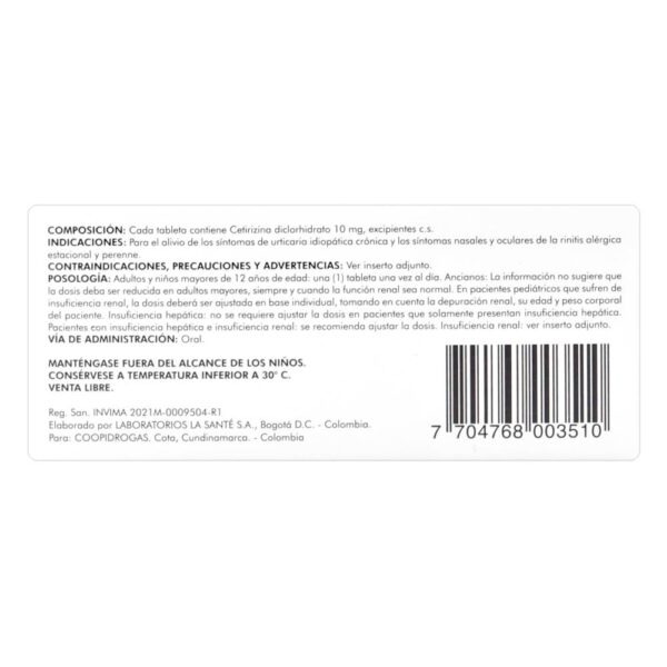 Ceritamin 10 Mg 10 Tabletas Icom Cetirizina - Imagen 3
