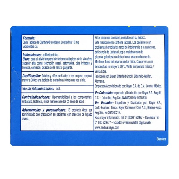 Clarityne 10 Mg 10 Tabletas Loratadina - Imagen 2