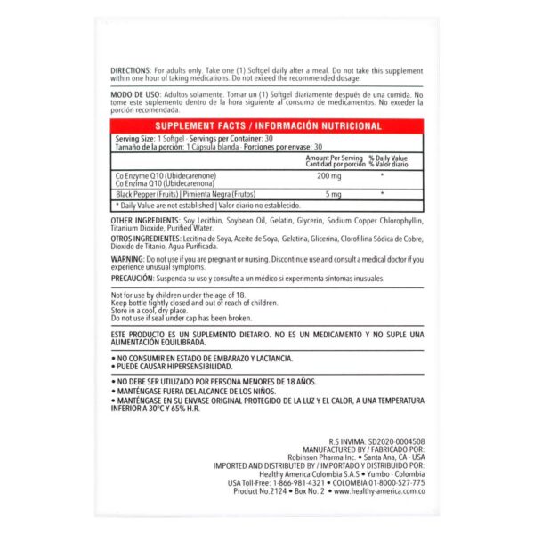 Coq 10 Plus Bioperine 200 mg 30 Capsulas - Imagen 3