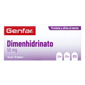 Dimenhidrinato 50 mg 36 Tabletas Genfar Alivia el mareo