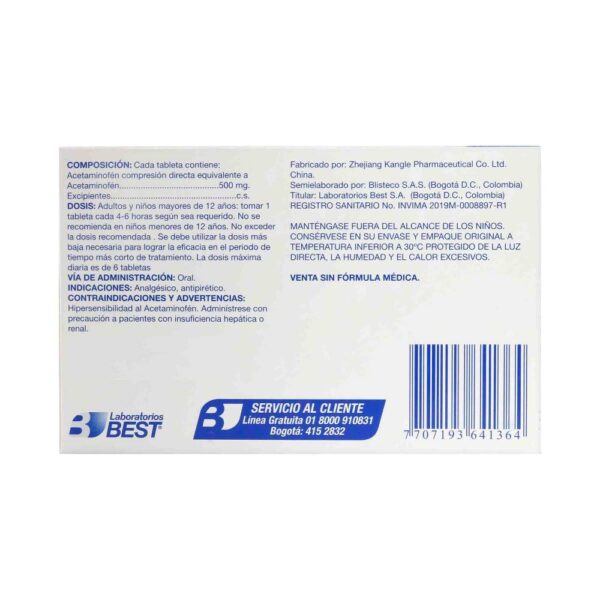 Acetaminofén 500 Mg 250 Tabletas Best - Imagen 2