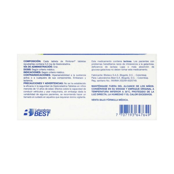 Riniloran Desloratadina 5 mg 10 Tabletas - Imagen 2