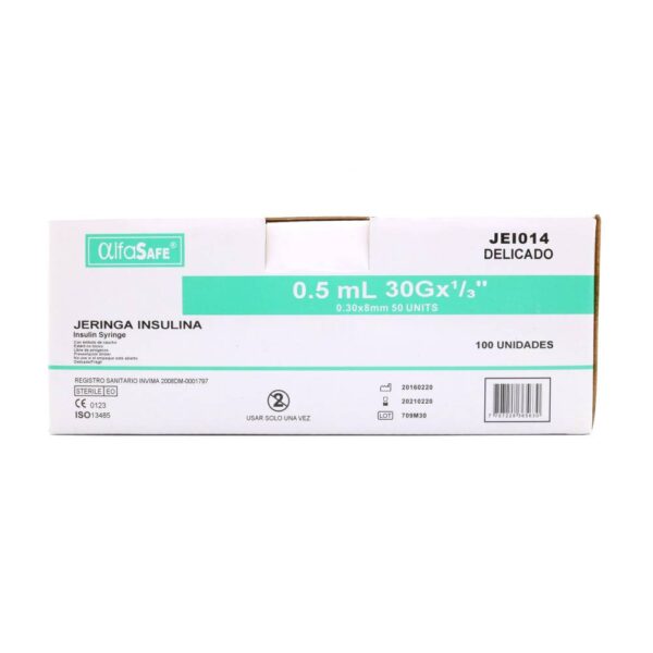 Jeringa Insulina AlfaSafe 0.5 ml 30 Gx 1/3 100 Unidades