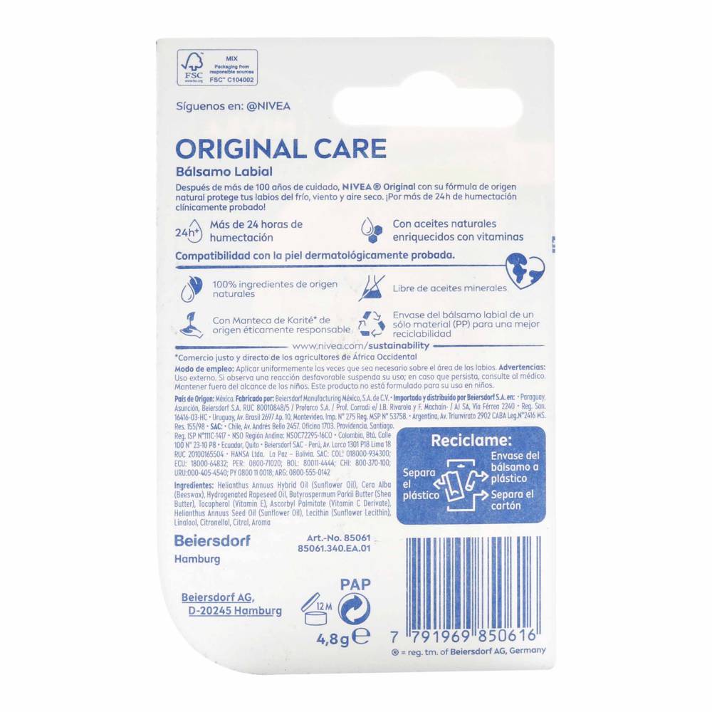 Protector Labial Nivea Original Care 4.8 g - Imagen 2