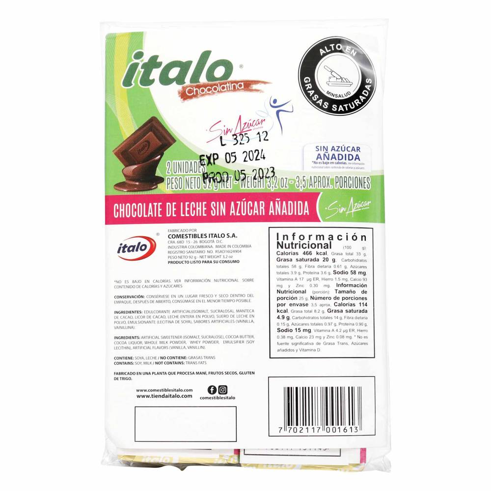 Chocolatina Italo Sin Azucar 92 g 2 Unidades - Imagen 2