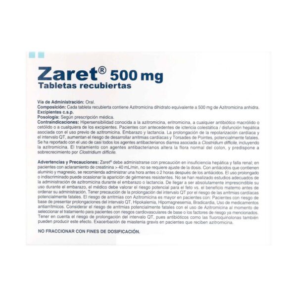 Zaret 500 mg 3 Tabletas Azitromicina - Imagen 2