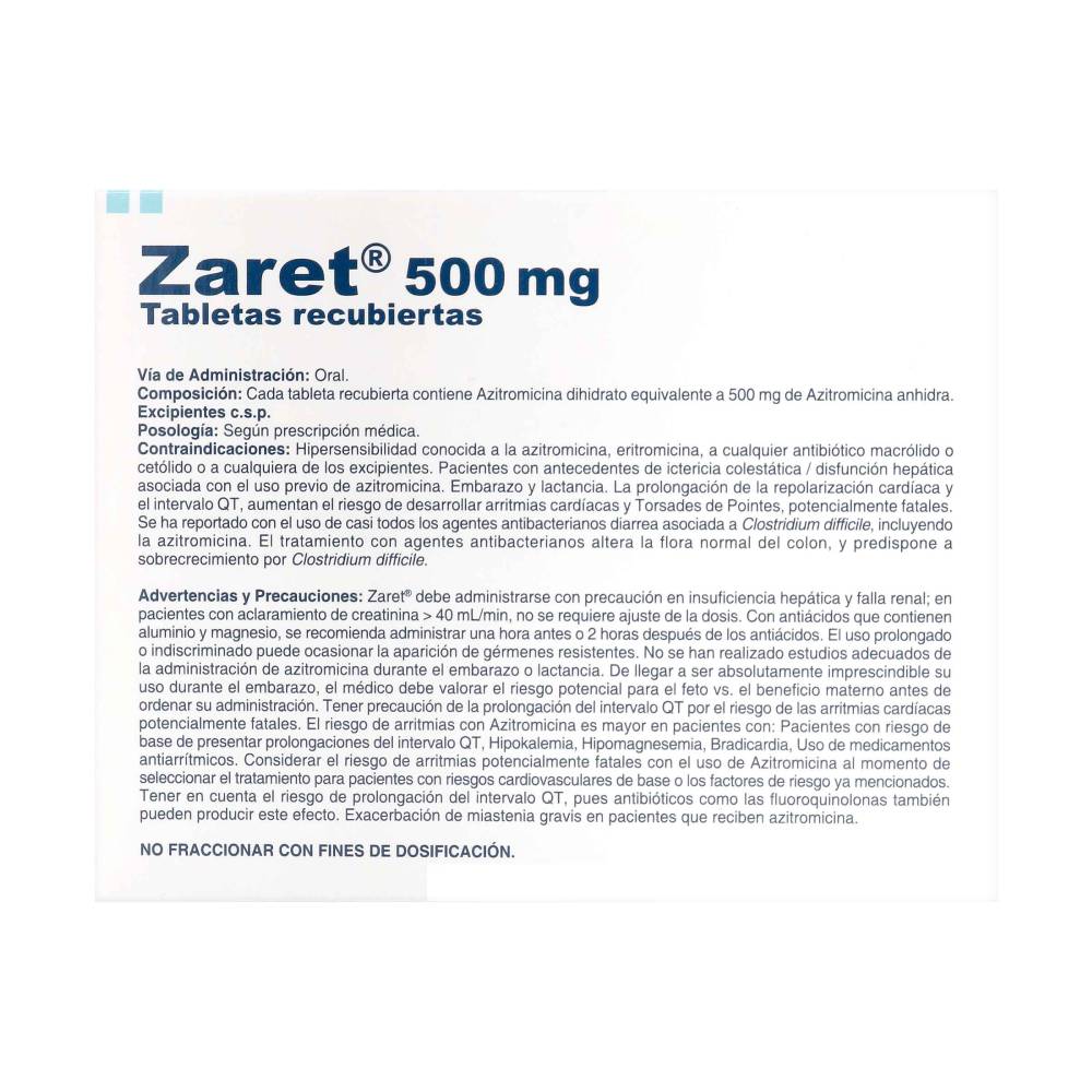 Zaret 500 mg 3 Tabletas Azitromicina - Imagen 2