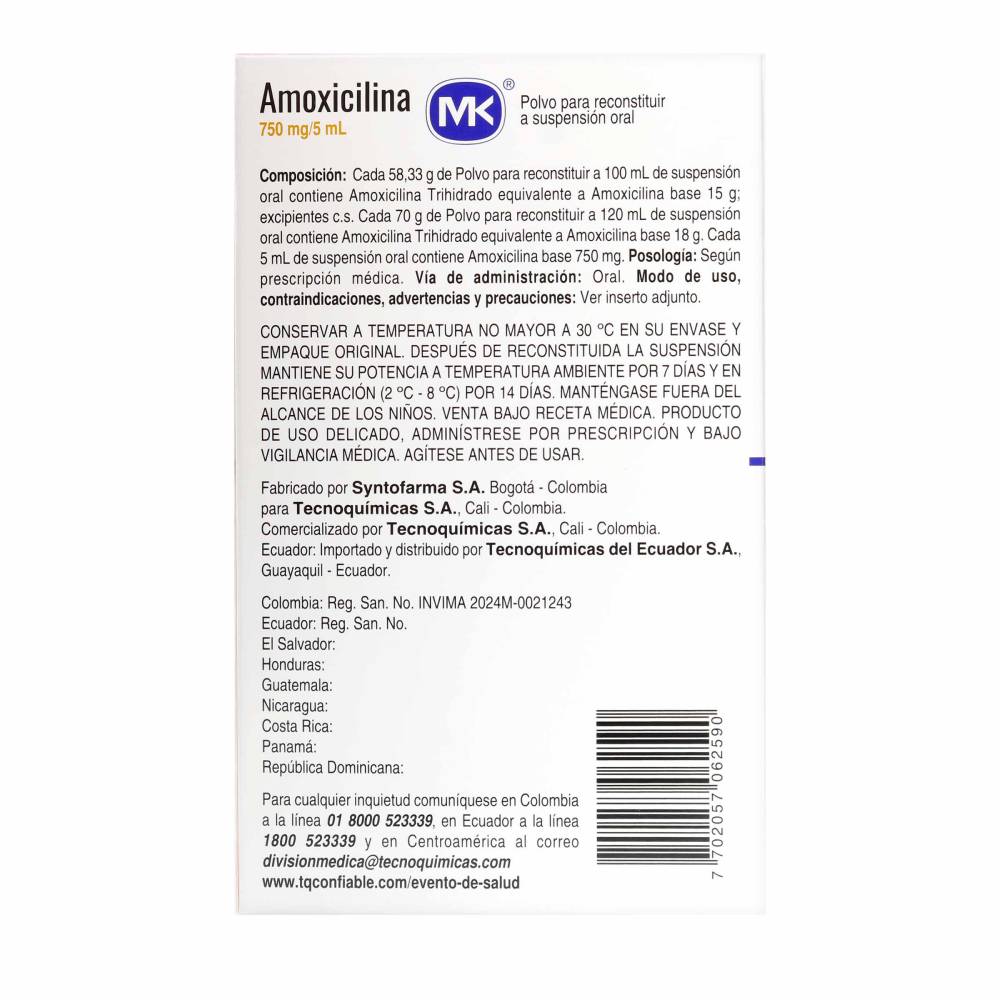 Amoxicilina 750 mg Polvo Para Reconstituir 120 ml MK - Imagen 4