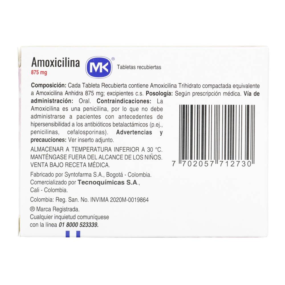 Amoxicilina 875 mg 20 Tabletas MK - Imagen 2