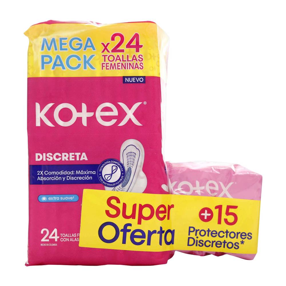 Toallas Kotex Discreta 24 Unidades + 15 Protectores