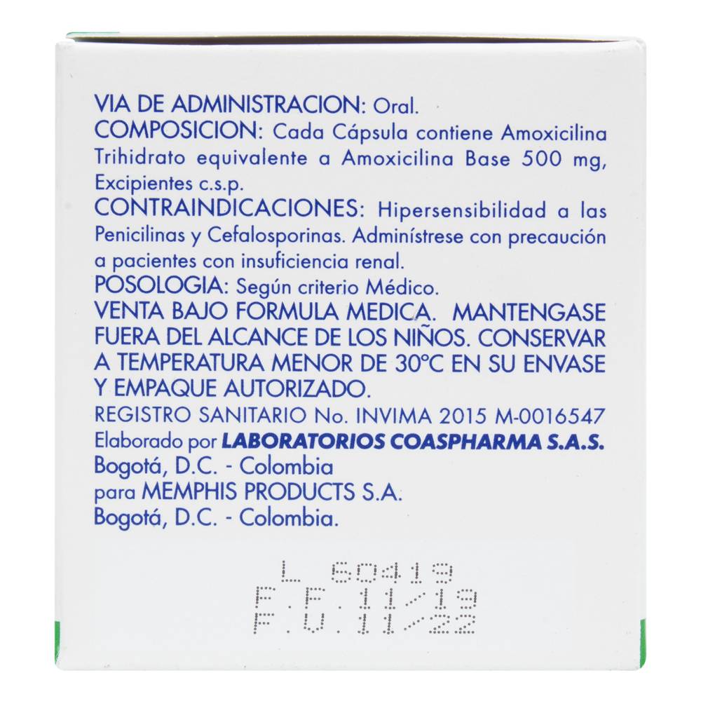 Amoxicilina 500 mg 50 Cápsulas Memphis - Imagen 2