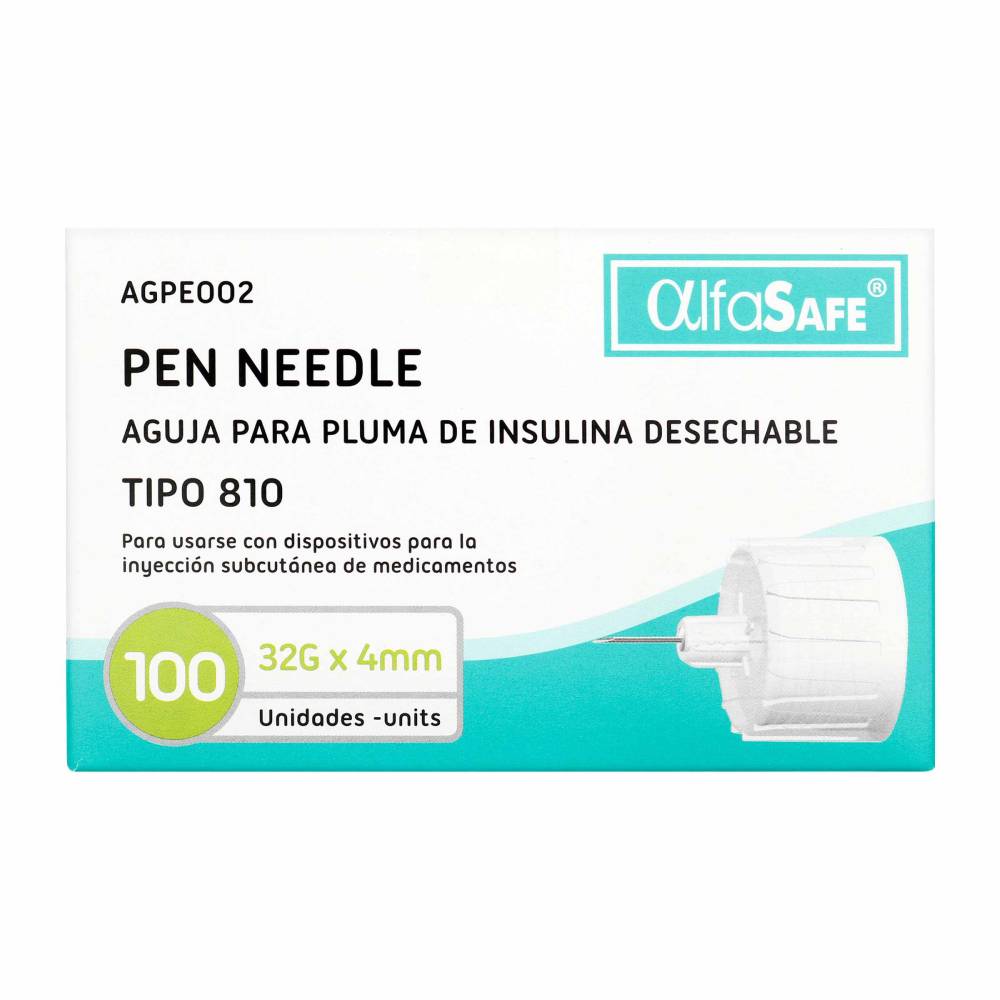 Aguja AlfaSafe Pluma De Insulina 32 G X 4 Mm 100 Unidades
