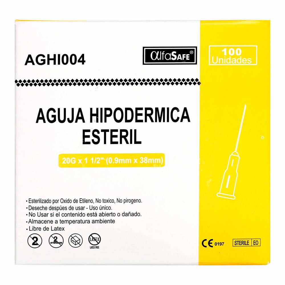 Aguja Hipodermica Esteril AlfaSafe 20 G x 1 1/2 100 Unidades