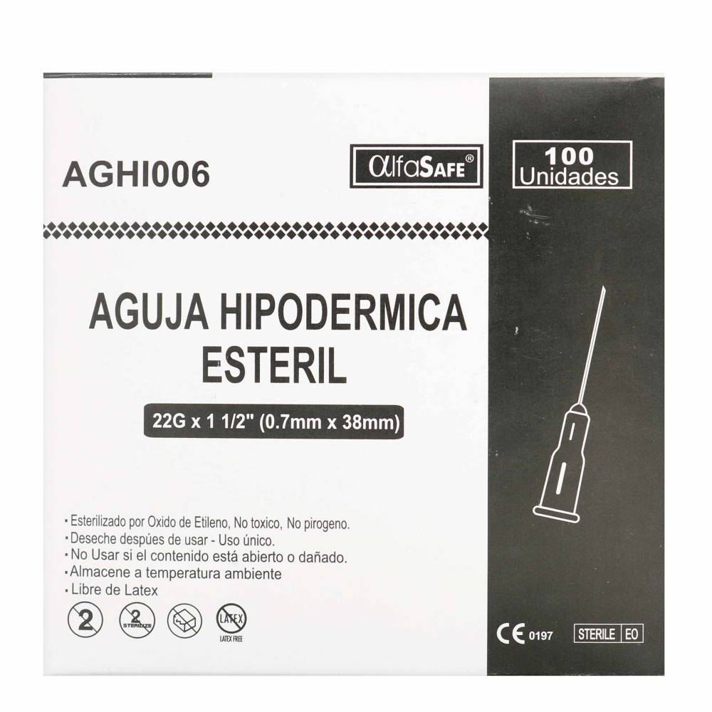 Aguja Hipodermica Esteril AlfaSafe 22 G x 1 1/2 100 Unidades