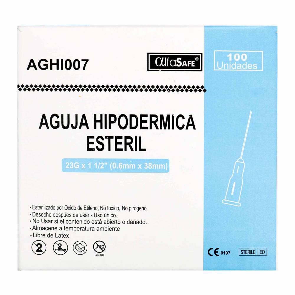 Aguja Hipodermica Esteril AlfaSafe 23 G x 1 1/2 100 Unidades