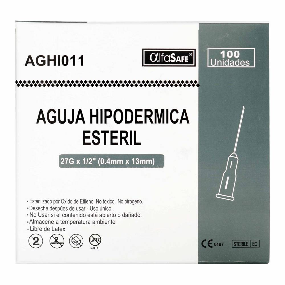 Aguja Hipodermica Esteril AlfaSafe 27 G X 1/2 100 Unidades
