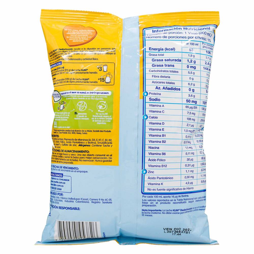 Leche Klim Deslactosada Semidescremada 360 g - Imagen 2