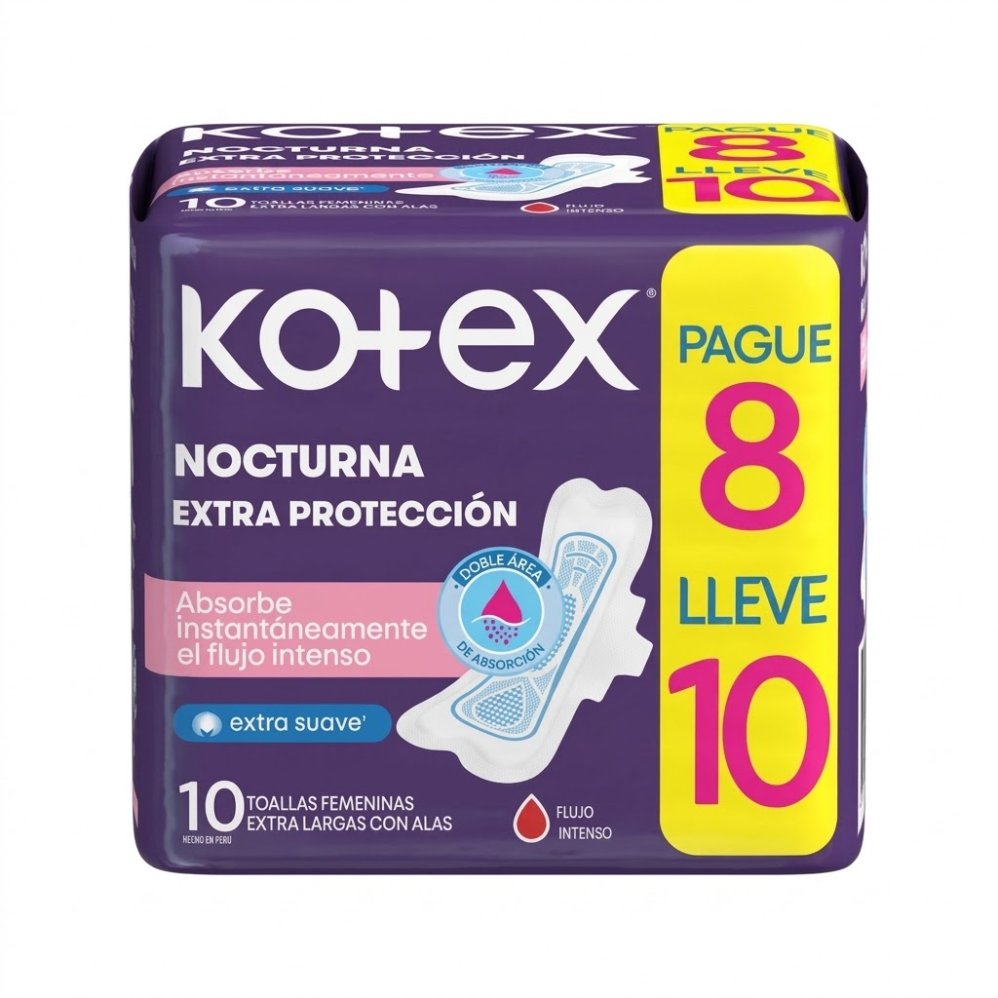 Toallas Kotex Nocturna Extra Proteccion 10 Unidades Suave