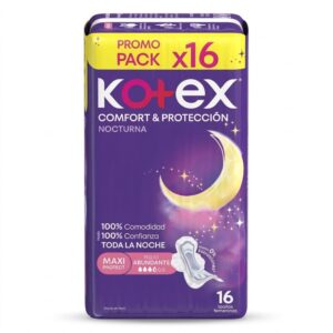 Toallas Kotex Comfort Nocturna Maxi 16 Unds Flujo Abundante