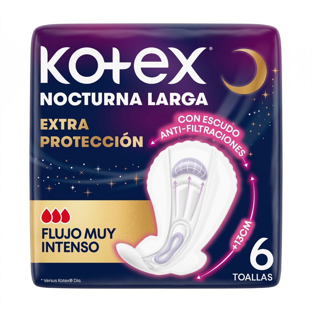 Toallas Kotex Nocturna Larga Extra Protección 6 Unidades