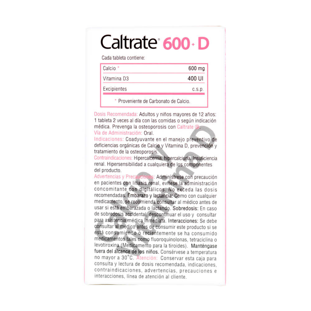 Caltrate 600 + D Calcio y Vitamina D3 30 Tabletas